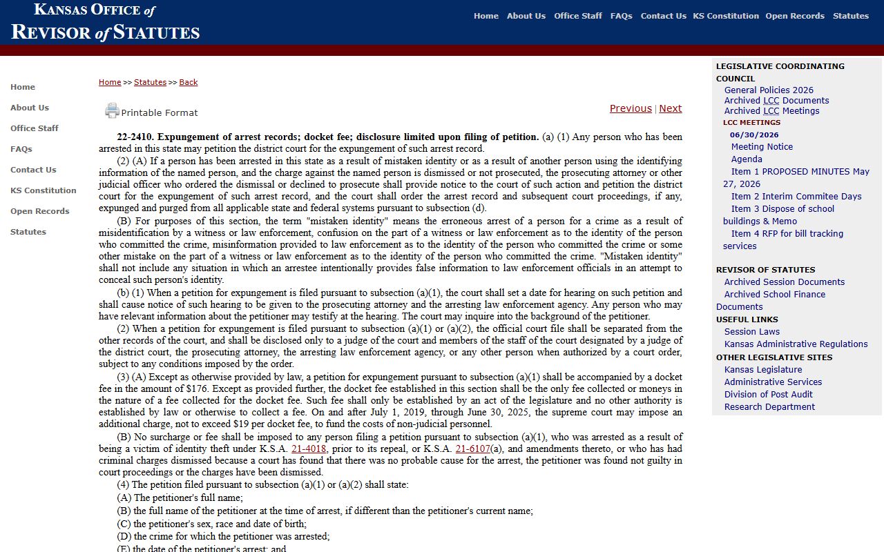 Marion County arrest records and court charges Kansas arrest expungement statute
