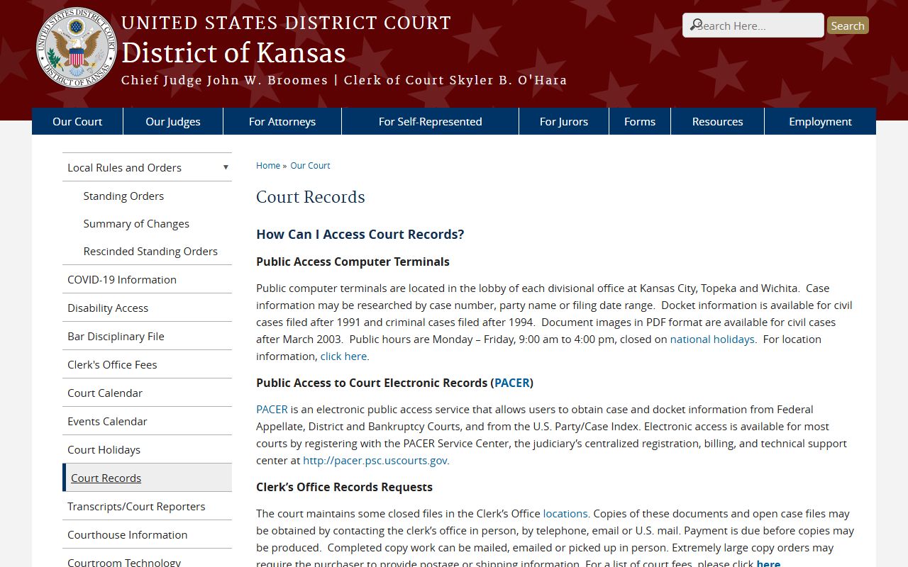 Marion County court dockets federal District of Kansas court records page