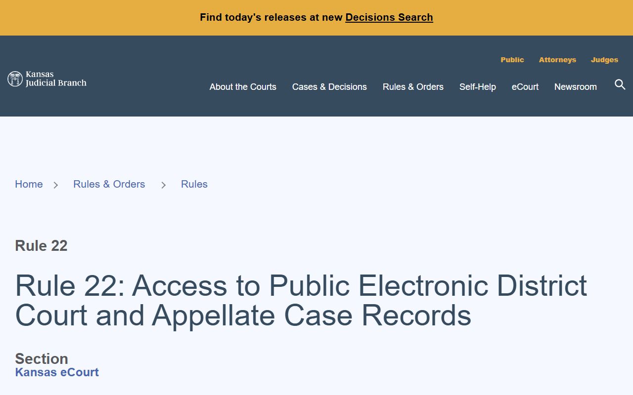 Marion County court dockets Kansas Rule 22 electronic access page