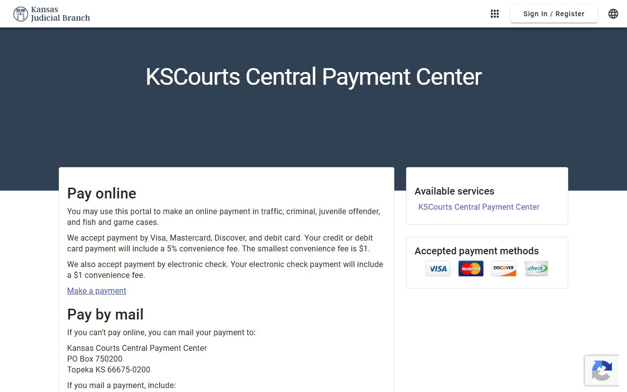 Marion County traffic court records Kansas Central Payment Center landing page