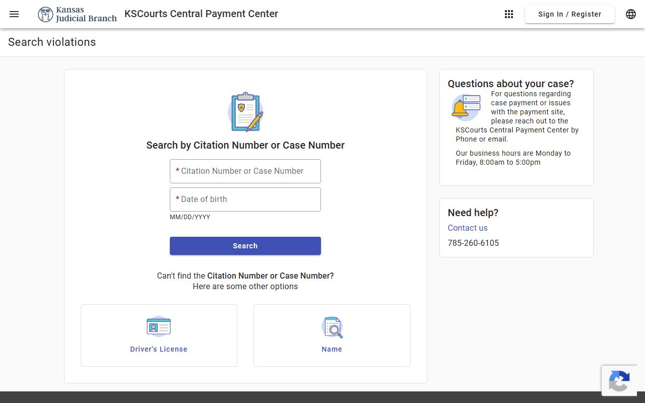 Marion County traffic court records Central Payment Center citation search page